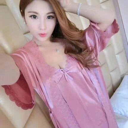 2 Pcs Satin Short Night Dress & Full Sleeves Robe - Rose Pink