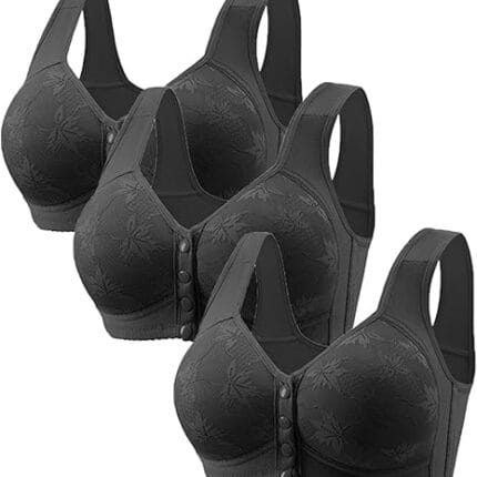 3 Pack Daisy Bras for Older Women Push Up No Underwire Full Coverage Lace Bra Convenient Front Closure Everyday Bras