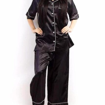 Black Polyester Satin Nightsuit
