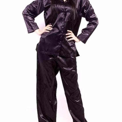 Black Polyester Solid Satin PJ Set