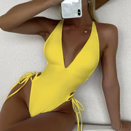 Fashion Deep V Neck One Piece Swimsuit Women