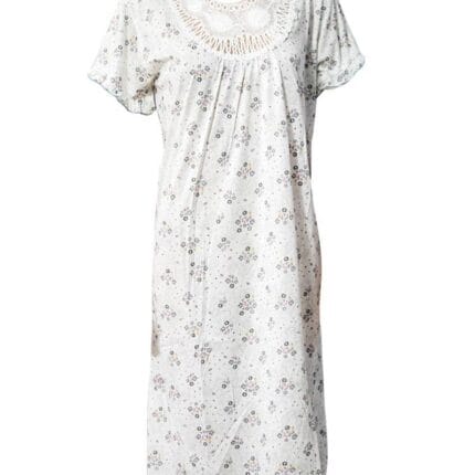 Stylish White Long Nighty With Grey Flower