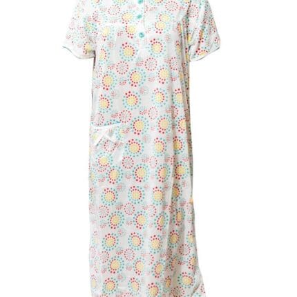 White Long Nighty Printed & Side Pocket Yellow