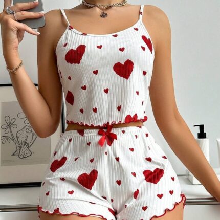 Heart print loungewear casual women's pajamas set