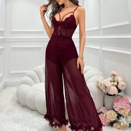 Lace Detailing Hollow Out Mesh Cami Jumpsuit