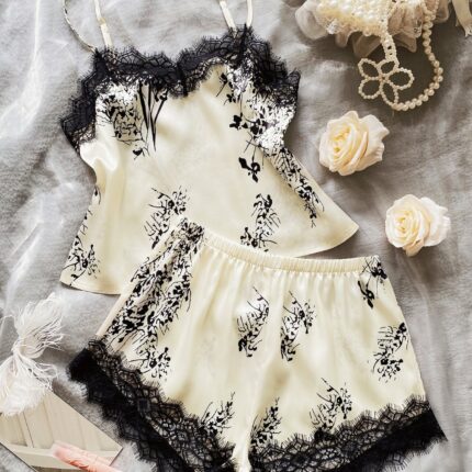 Lace Trim Plants Print Satin Night Set