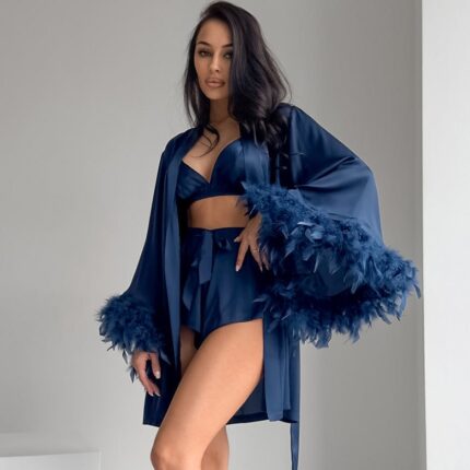 Nightgown three-piece set imitation with silk satin feather loungewear set