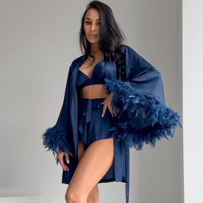 Nightgown three-piece set imitation with silk satin feather loungewear set