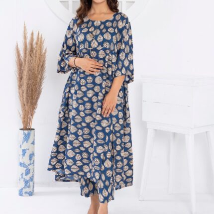 Women's Loungewear 2PC Printed Long Frock - Blue Bells