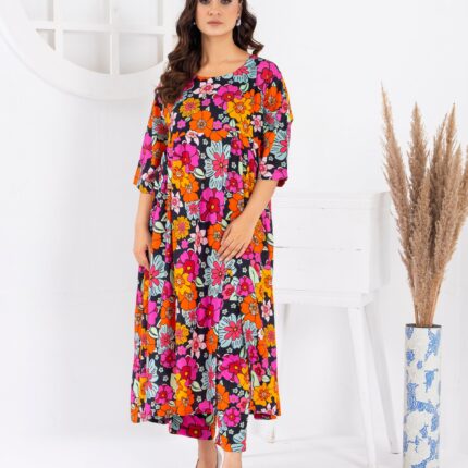 Women's Loungewear 2PC Printed Long Frock -Rainbow