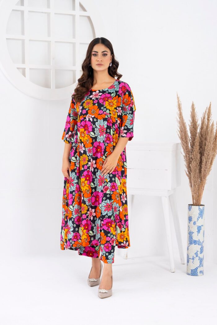 Women's Loungewear 2PC Printed Long Frock -Rainbow