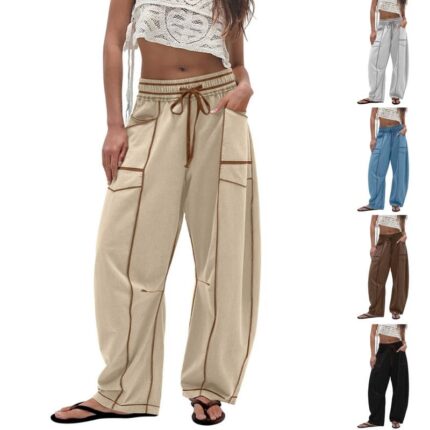 Womens Baggy Barrel Pants Wide Leg Lounge Drawstring Sweatpants with Pockets (Copy)