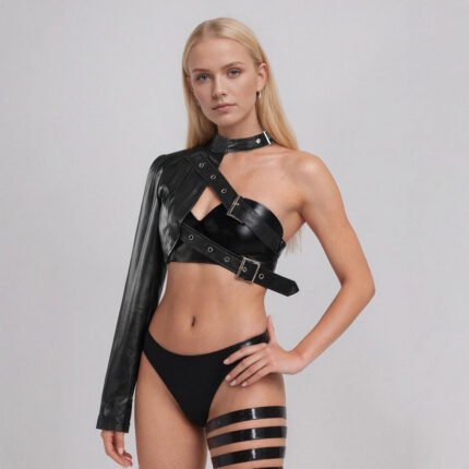 2025 black punk shoulder PU leather lingerie jacket rock dance versatile irregular lingerie jacket