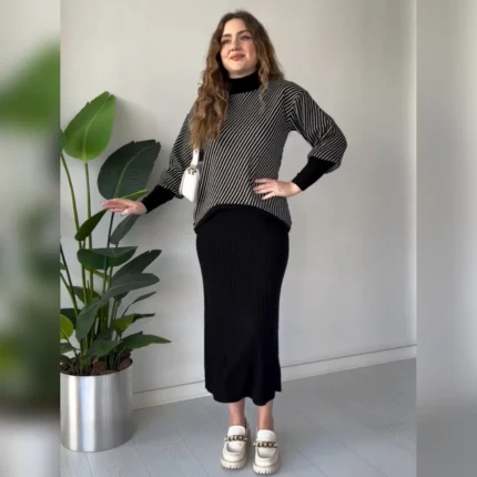 Stripes Printed Stretchable Ribbed Fleece Dress