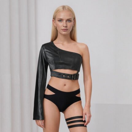 Black collarless shoulder PU leather jacket rock dance irregular short lingerie jacket
